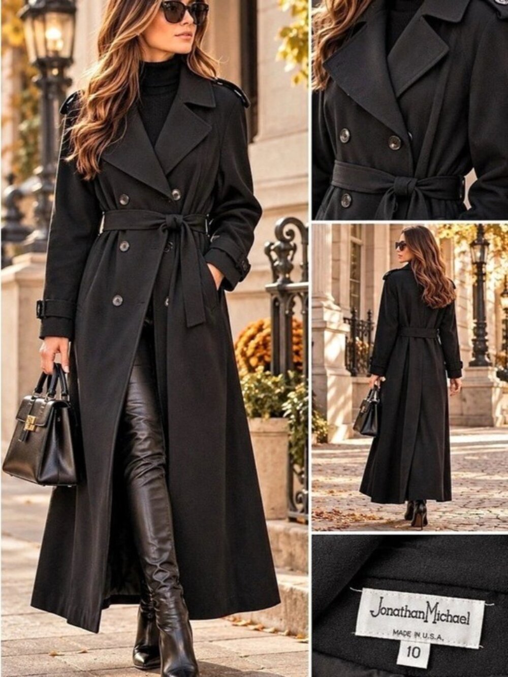 Jonathan Michael Black Trench Coat 10 Vintage 90s Matrix NYC Noir Military Glam